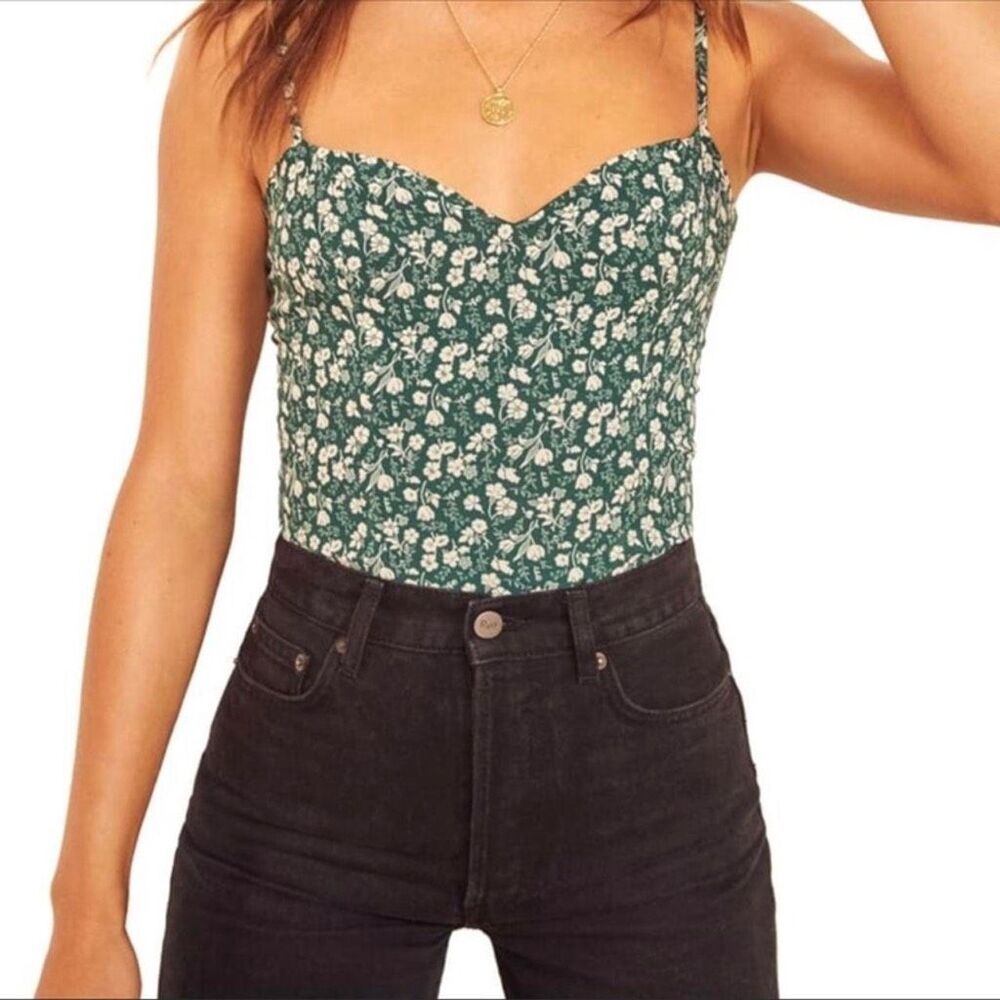 Reformation Cosmo Floral Cami Green Sz 8 Top